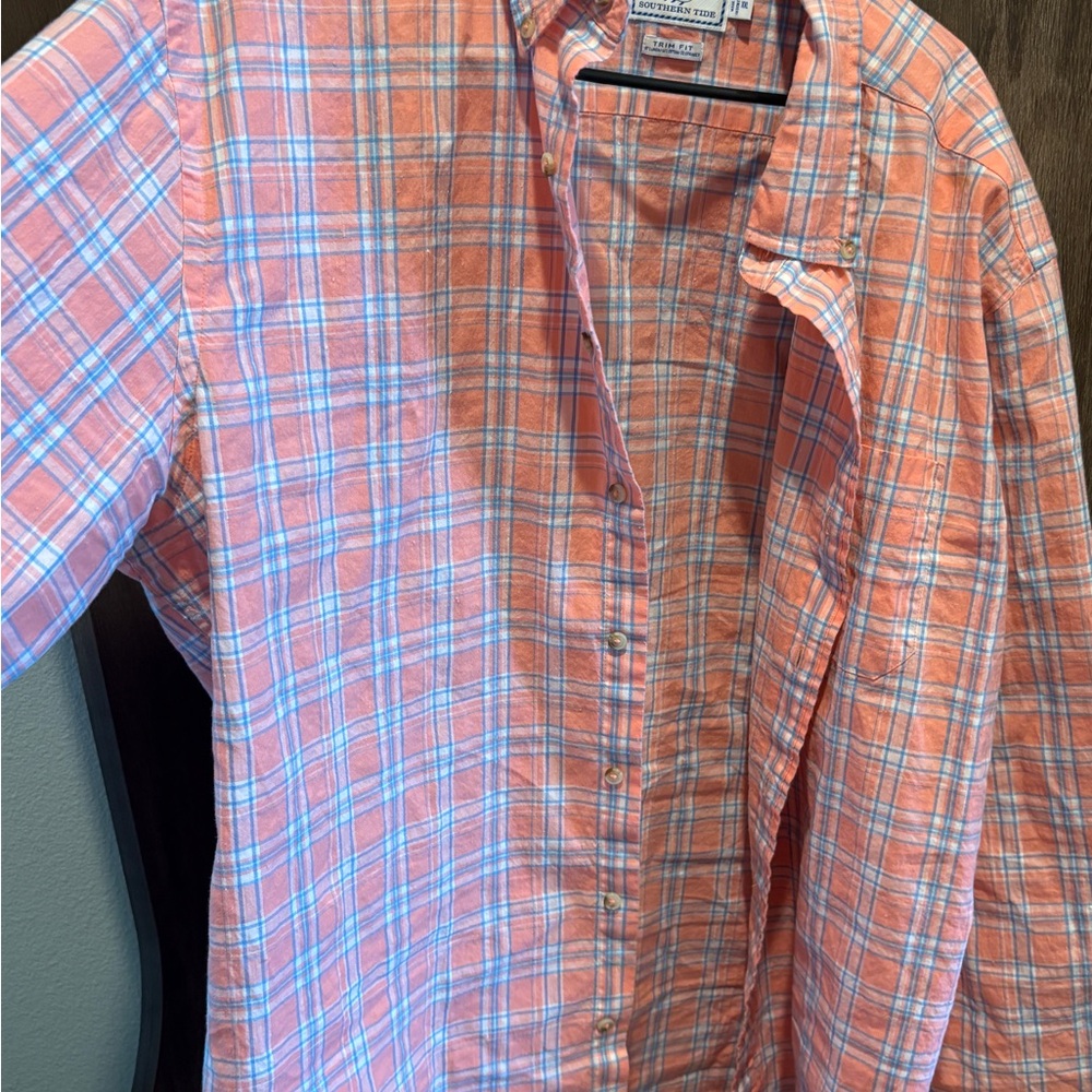 Southern Tide Coral Checkered Shirt